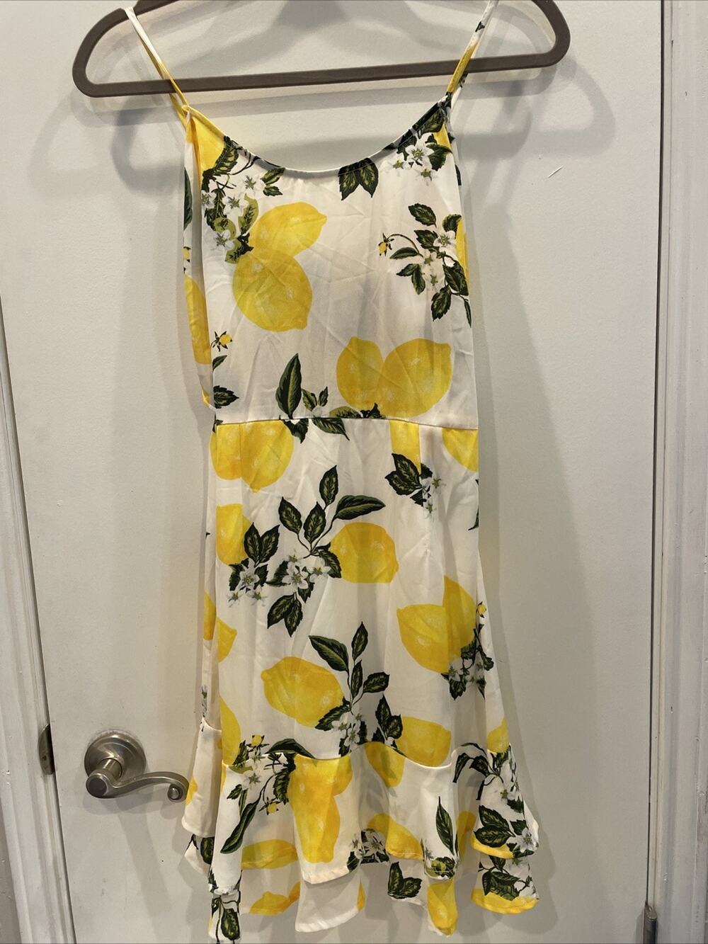 She + Sky Lemon Dress Size M Medium ruffle Elastic Tie Short White Yellow Strap